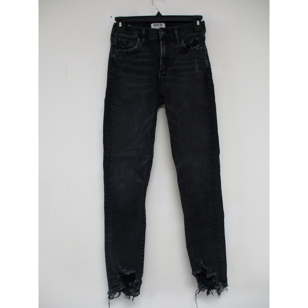 AGOLDE Sophie Jeans Women 27 Black Skinny Distressed High Rise Raw Hem Stretch